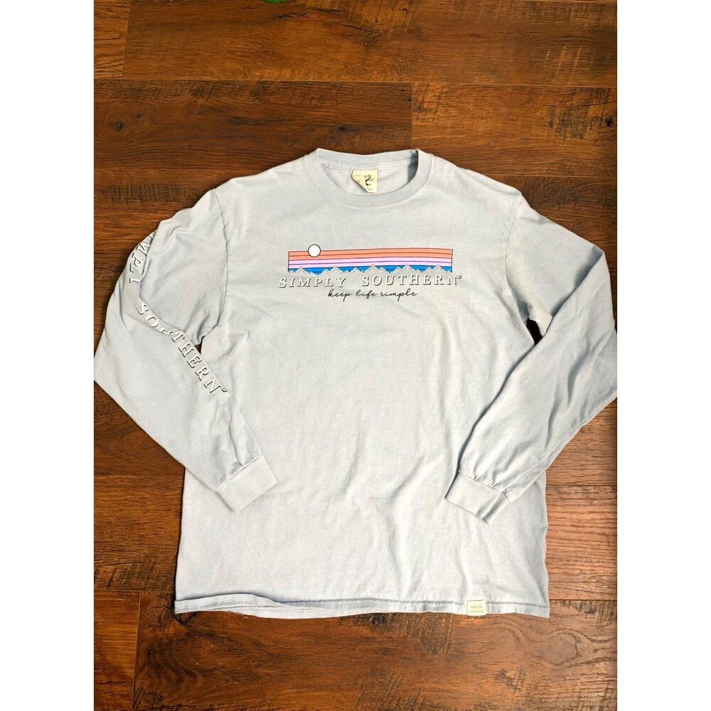 Simply Southern Keep Life Simple Camp Dogs Mountain Long Sleeve Tee Blue, Medium